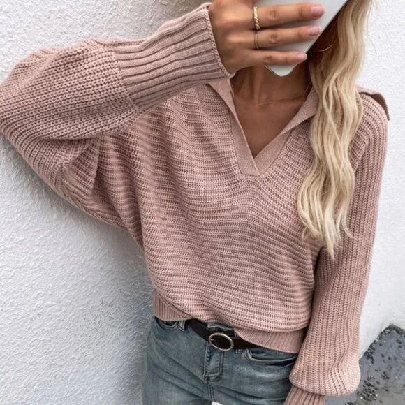 dusty pink V neck collar batwing sleeve knit sweat - Picture 3 of 6